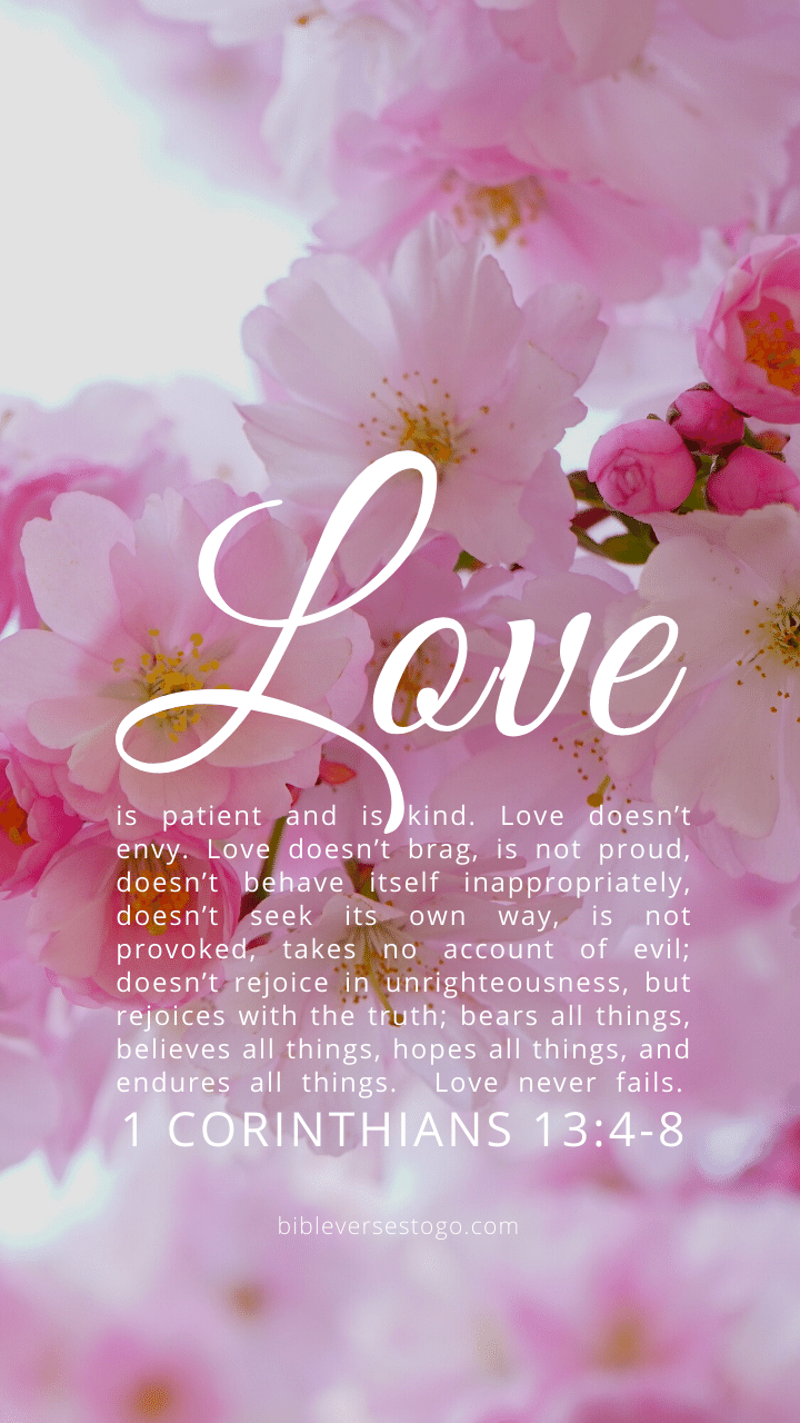 Christian Wallpaper – Pink Bloom 1 Corinthians 13:4-8