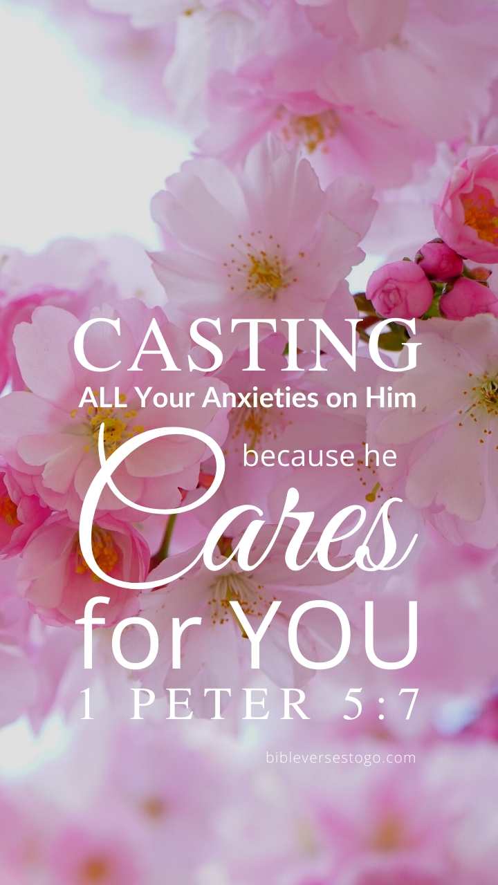 Christian Wallpaper – Pink Bloom 1 Peter 5:7